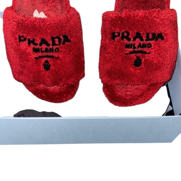 Prada Milano Red Fuzzy Slides - Picture 6 of 9